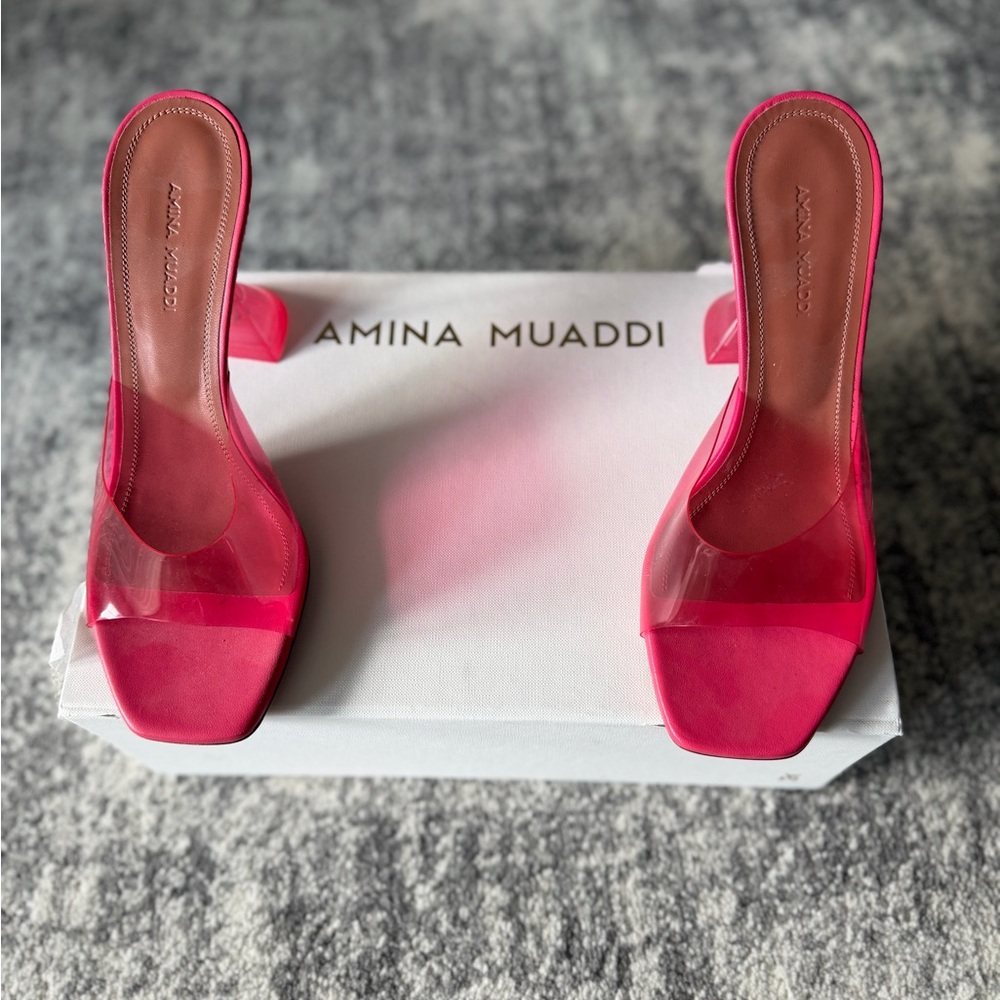 Amina Muaddi Pink PVC Mule Heels Square Toe Sandals Flared Heel Size 38 - Picture 6 of 7